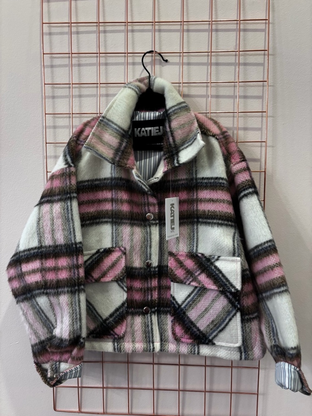 Katie J NYC Pink Black White Plaid Wool-Blend Kids Jacket